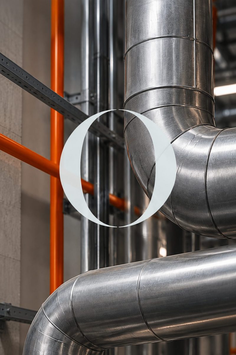 Steel ductwork and orange service pipework in a plant room.
