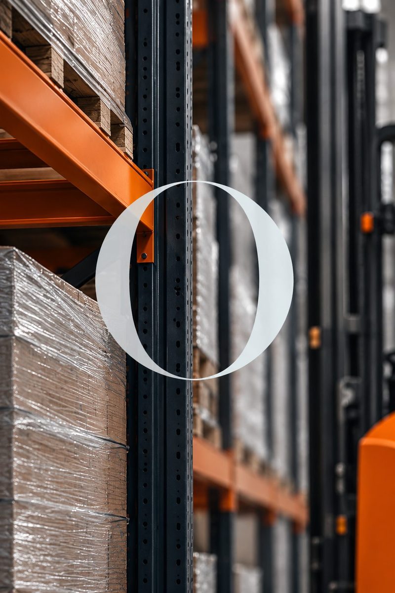 Wrapped pallets on orange racking in a distribution warehouse.