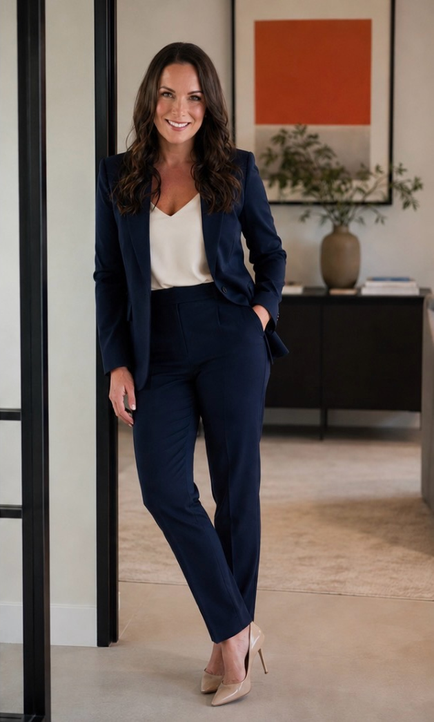 Rhian Blake, founder of Oren Ventures, photographed in a navy suit.