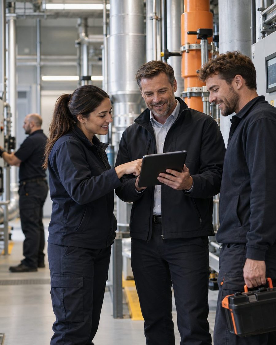 A manager and two engineers reviewing figures together in a plant room.