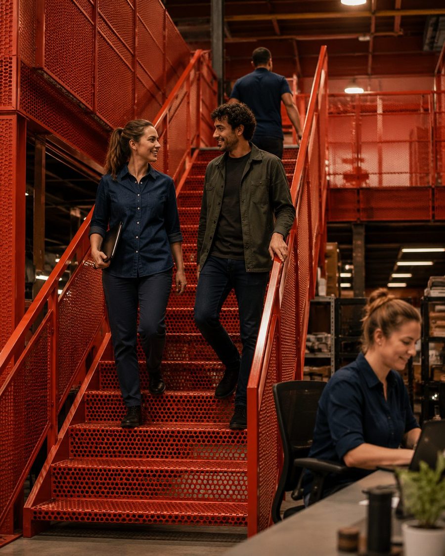 Two colleagues in conversation on the stairs of an owner-managed business.