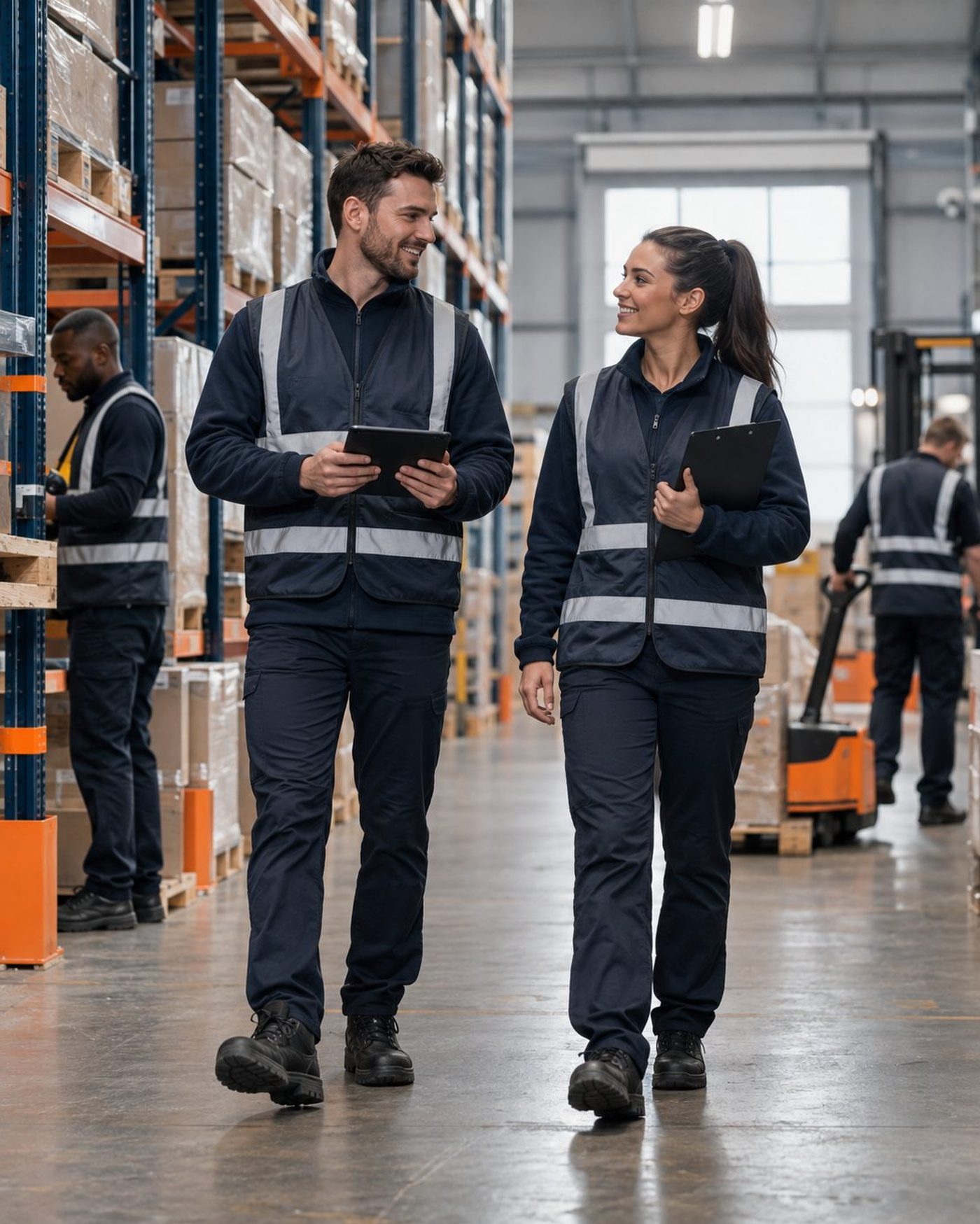 Two colleagues walking through a distribution warehouse in conversation.